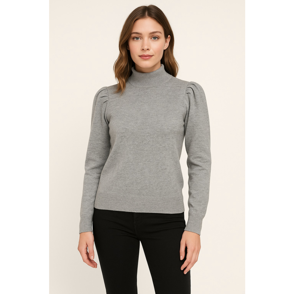 Women's Marled Reunited Gray XL Mock Neck Puff Sleeve‎ Sweater